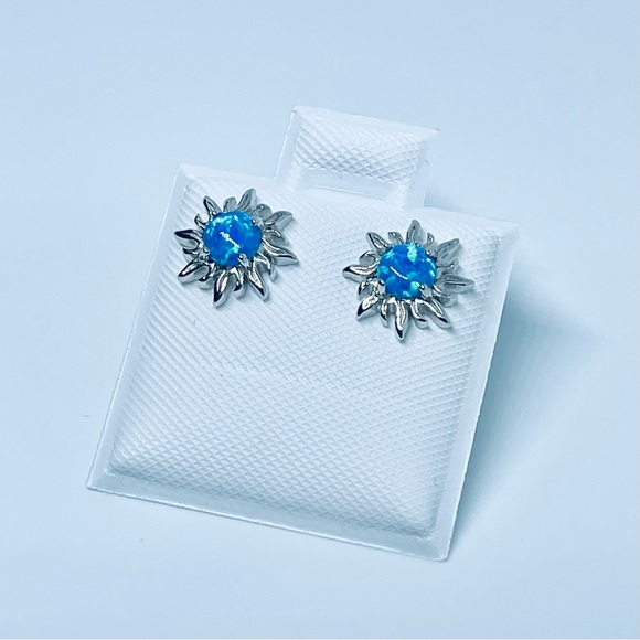 Sterling Silver Blue Lab Opal Blazing Sun Earrings, Silver Stud Earring, Sunny - Picture 4 of 13